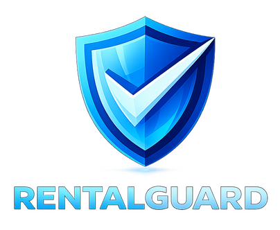 RentalGuard logo featuring a modern blue shield with a white checkmark and bold uppercase text 'RENTALGUARD' below, designed to stand out on dark backgrounds.
